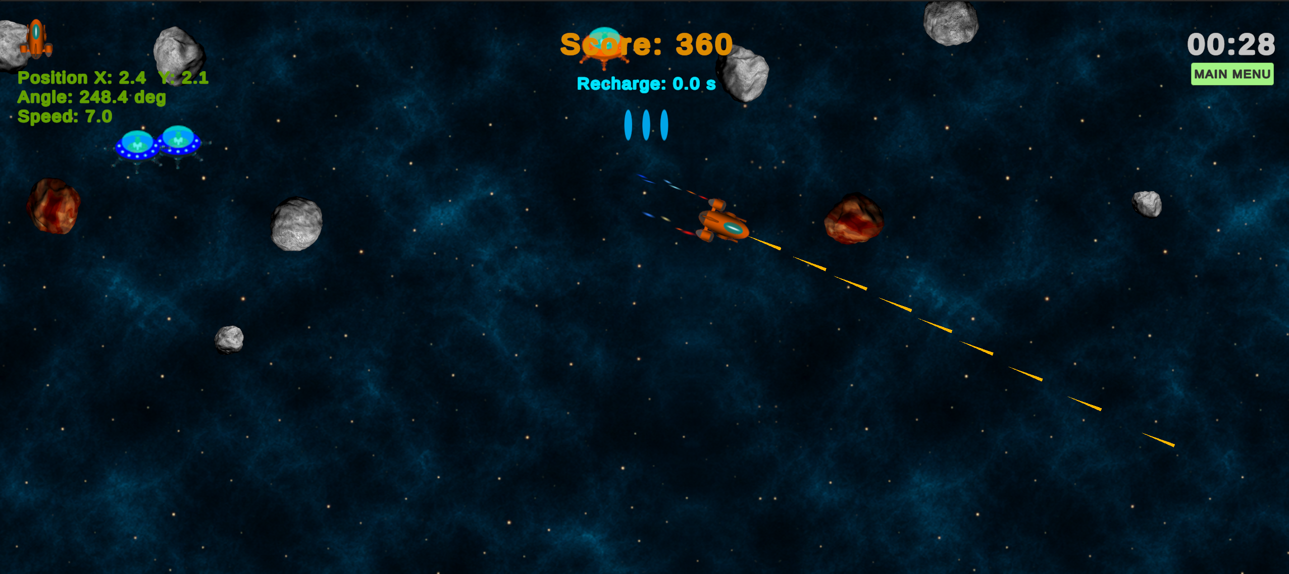 2D Asteroids Survival arena with ship, projectiles, asteroids, score and three lives