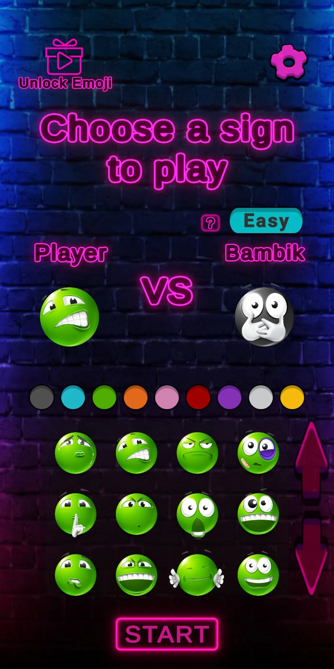 Emoji Battle character selection screen with green emoji options