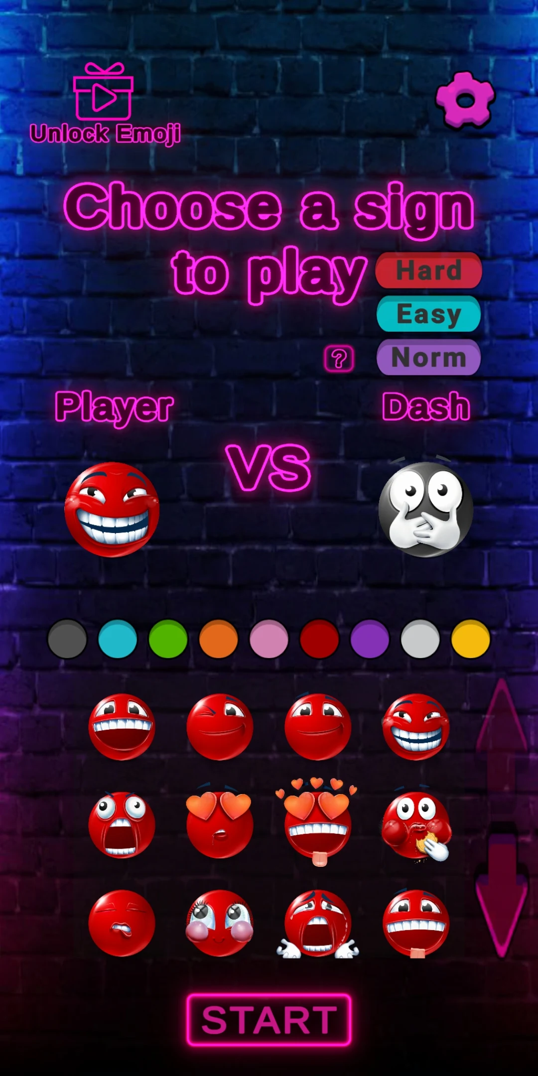 Emoji Battle character selection screen with difficulty selector and red emoji options
