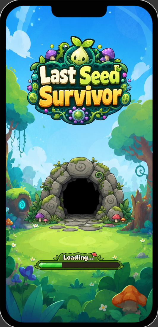 Last Seed Survivor loading screen with logo, forest background, cave entrance, and progress bar