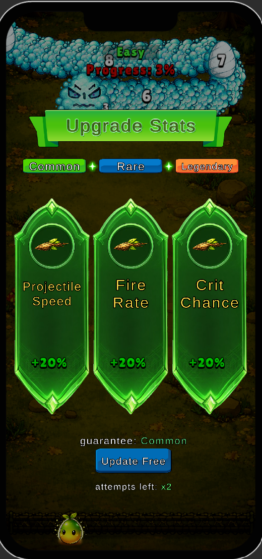 Last Seed Survivor reward upgrade screen with Common, Rare, and Legendary choices